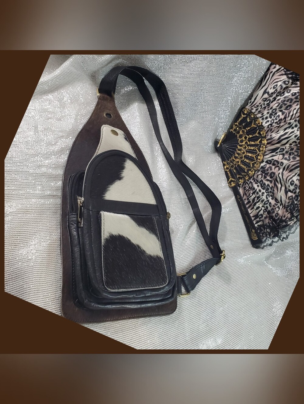 Leather Crossbody Sling Bag with Black White And Brown Cowhide